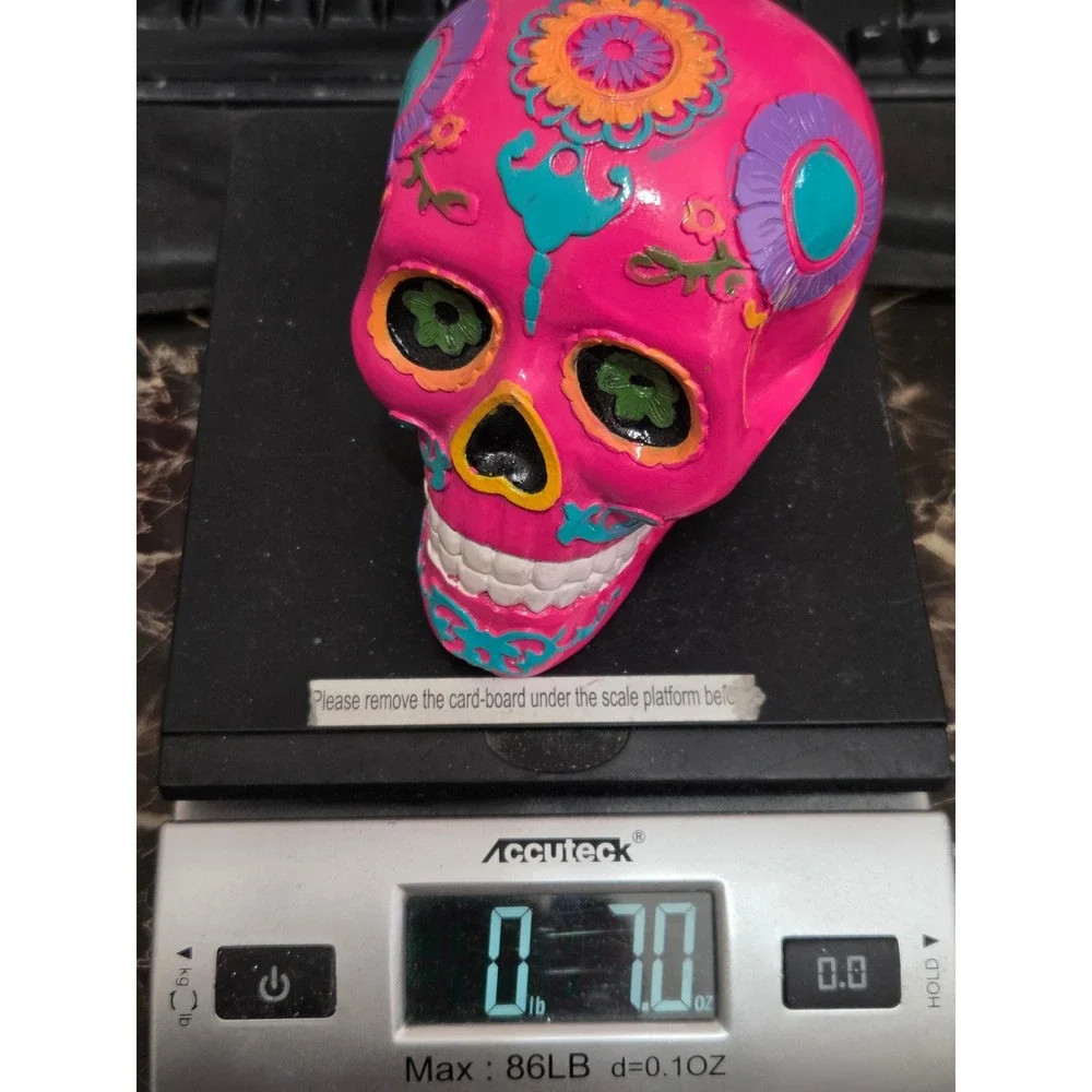Pink Dia De Los Muertos Sugar Skull Figurine Floral Day of the Dead Decor